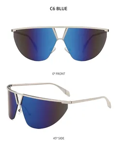 Front and side view of shield sunglasses with blue mirrored lens and silver frames