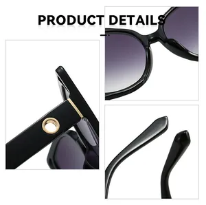 Detail of square sunglasses with black frame, purple gradient lens, and gold metal accents