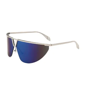 Silver shield wrap sunglasses with blue mirrored lenses and minimalist metal frame