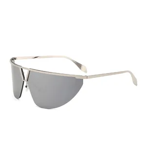 Futuristic oversized shield sunglasses with silver metal frame and dark grey lenses