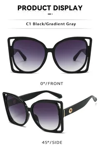 Front and 45-degree side view of black hollow square oversized frame sunglasses