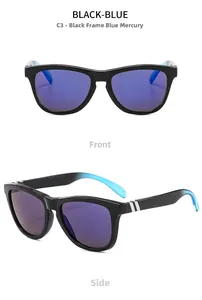 Front and side views of black frame polarized sports sunglasses with blue mirrored lenses