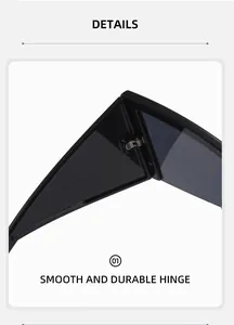 Detalle de la bisagra metálica suave y duradera en las gafas de sol negras estilo Y2K