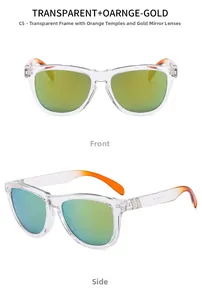 Dual view of transparent sport sunglasses with gold polarized lenses and orange temple tips