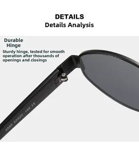 Close-up of the sturdy metal hinge design and CE certification on black oval sunglasses