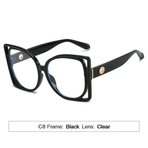 Fashionable large square frame sunglasses with hollow double layer design and clear lenses