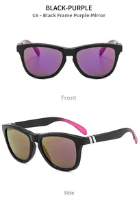 Front and side views of black cycling sunglasses with purple mirrored polarized lenses