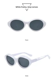 Detalle de gafas de sol ovaladas de ojo de gato con montura blanca y lentes grises