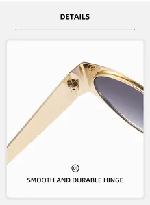 Close-up of smooth durable metal hinges on Y2K futuristic golden sunglasses
