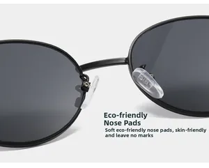Macro detail of soft eco-friendly silicone nose pads on black metal sunglasses