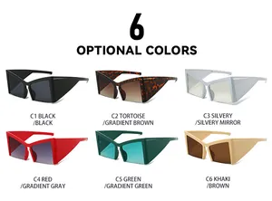 Seis gafas de sol futuristas Y2K tipo mariposa en varios colores sobre un fondo blanco puro