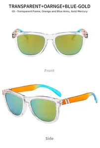Detail of C8 sports sunglasses with transparent frame and orange-blue gradient temples