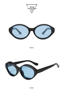 Vistas frontal y lateral de gafas de sol ovaladas de ojo de gato con montura negra y lentes azules