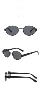 Three views of retro oval sunglasses showing front, side and 45-degree angle details
