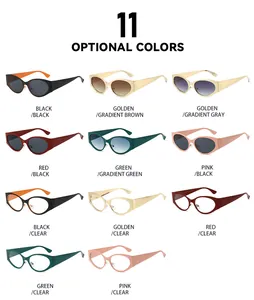 Detailed grid of eleven futuristic Y2K punk cat-eye sunglasses in multiple vibrant colors