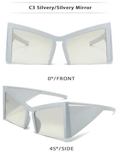 Vistas frontal y lateral de gafas de sol Y2K plateadas con montura geométrica futurista