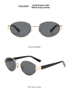 Front and 45-degree angle view of oval gold metal frame sunglasses with dark grey lenses