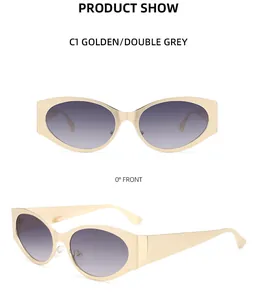 Front and side view of golden Y2K futuristic sunglasses with double grey gradient lenses