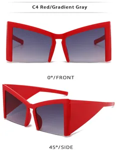 Vistas frontal y lateral de gafas de sol Y2K rojas con lentes grises degradadas