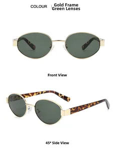 Detail of oval gold metal sunglasses with green lenses and tortoiseshell temples