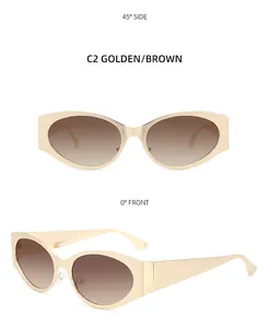 Detailed front and 45-degree side views of golden Y2K cat-eye sunglasses with brown lenses