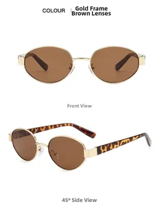 Front and side view of oval gold frame sunglasses with tea lenses and tortoise temples