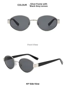 Front and 45-degree angle view of silver frame oval sunglasses with dark grey lenses