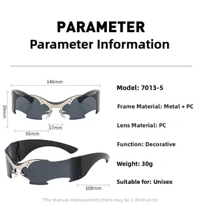 Detailed dimensions of cyberpunk batwing sunglasses with silver metal frame and PC lens