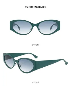 Futuristic Y2K cat-eye sunglasses in matte green with gradient blue lenses and wide arms