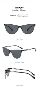 Trois vues de lunettes de soleil œil-de-chat noires montrant face, 45 degrés et profil