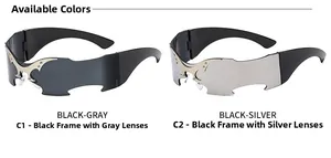 Detail showing Y2K cyberpunk rimless sunglasses with silver flame metal decoration