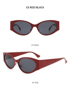 Futuristic Y2K red wrap sunglasses with dark lenses shown in front and side views