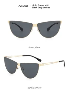Vues de face et à 45 degrés de lunettes de soleil œil de chat dorées à verres gris
