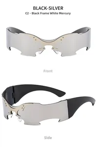 Front and side view of silver mirrored cyberpunk sunglasses with bat wing wavy edges
