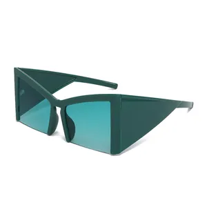 Gafas de sol Y2K futuristas de media montura verde oscuro con lentes azules de moda