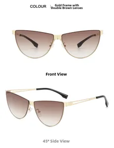 Vues détaillées de face et de profil de lunettes œil-de-chat dorées aux verres marron