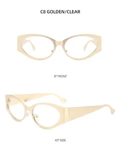 Front and 45-degree side views of golden cat-eye metallic Y2K futuristic sunglasses