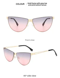 Détail de lunettes de soleil œil de chat avec monture dorée évidée et verres dégradés roses