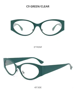 Front and 45-degree side view of dark green Y2K futuristic cat-eye eyewear frames