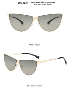Détails des lunettes de soleil œil de chat dorées avec verres dégradés vert-gris et monture fine