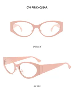 Futuristic pink Y2K sunglasses shown in 0-degree front and 45-degree side macro views