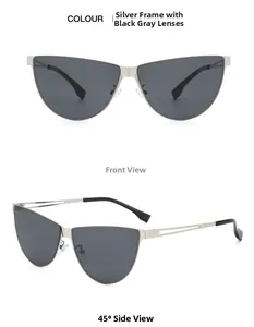 Détail des branches argentées évidées et verres gris sur lunettes de soleil œil de chat