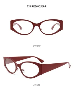 Front and 45-degree side view of dark red Y2K cat-eye sunglasses with wide geometric temples