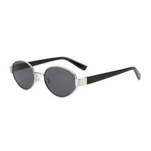 Retro oval sunglasses with silver metal frame and black lenses in a trendy Korean style