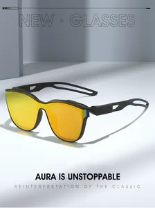 Detail view of sport sunglasses with yellow mirrored lenses and black cutout temples