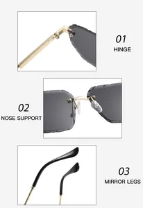 Detailed views of gold metal hinges, clear nose pads, and black temple tips of sunglasses