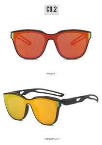 Front and side view of sporty sunglasses with black frames and red-orange mirror lenses