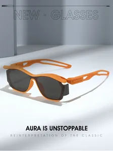 Detail of orange sports sunglasses with matte frames and hollowed-out anti-slip temple arms