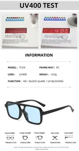 Size chart for double-bridge sunglasses with frame width 148mm and UV400 protection detail