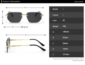 Detailed size chart for polygon sunglasses with specific frame and lens dimensions